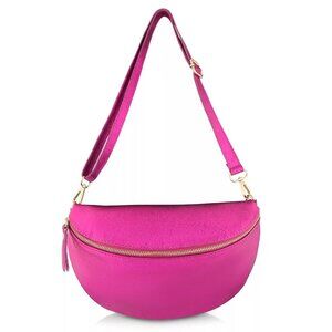 RASPBERRY METALLIC ITALIAN LEATHER HALF MOON CROSSBODY HANDBAG